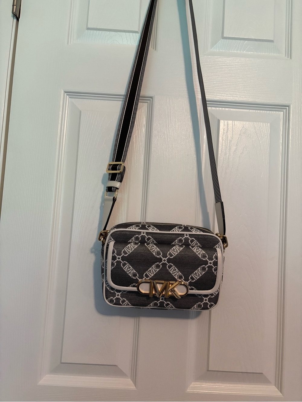 Michael Kors Black & White Logo Crossbody with Gold-Tone MK Plaque